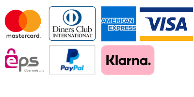 [Translate to English:] Akzeptierte Zahlungsformen, MasterCard, Visa, Amex, Diners, PayPal, EPS, Klarna